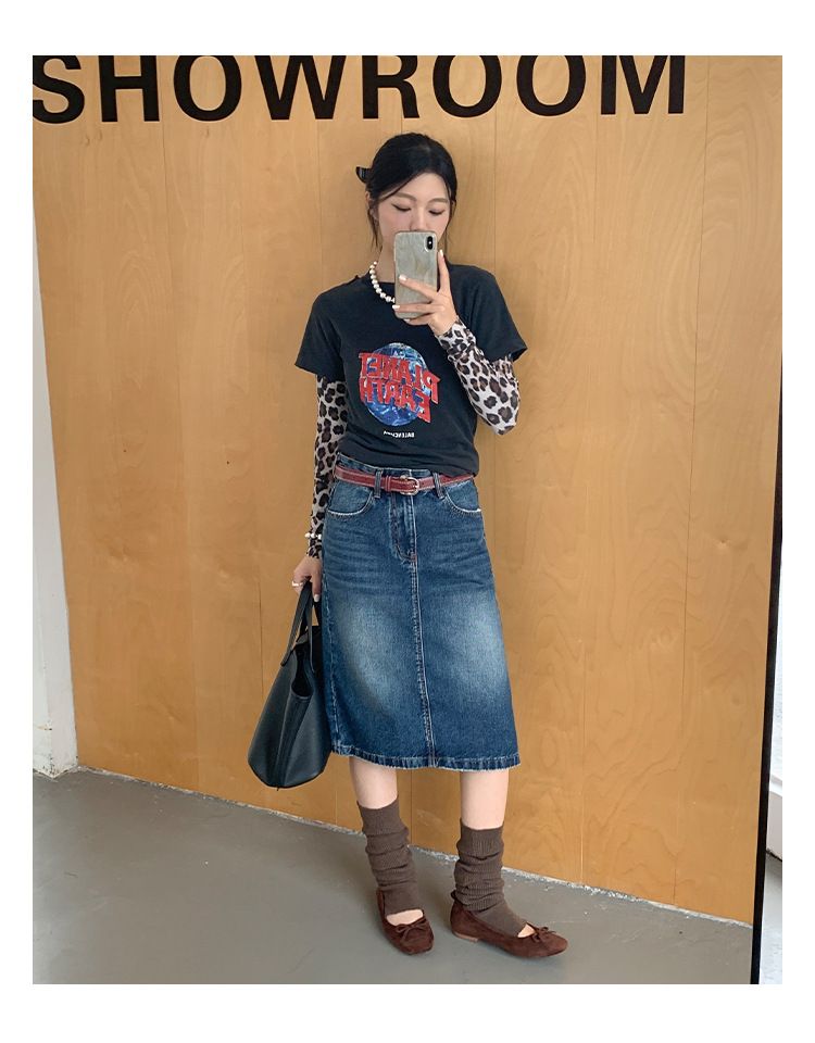 GraceChic GraceChic GraceChic ICC Modern Retro Simple Washed Cat Whiskers Straight Midi Slimming Denim Mid Skirt Autumn New 70166_voghion.com