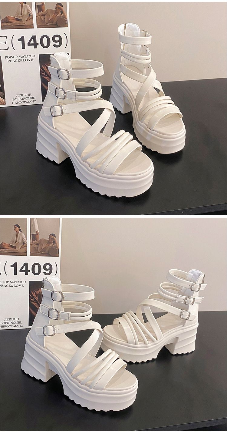 Sandale damă cu toc gros, stil gladiator roman, cu barete și toc înalt, platformă gotică, vârful deschis, pantofi cu cage_voghion.com