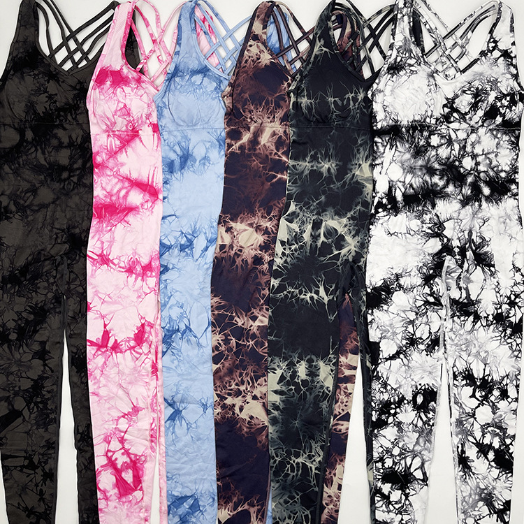 Combinaison de Yoga tout-en-un pour femmes, teinture par nouage, sans manches, élastique, levage des hanches, sport serré, séchage rapide_voghion.com