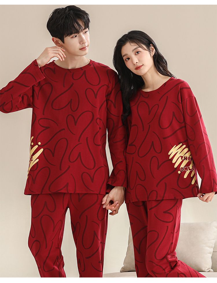 2024 Nuovo Pigiama Coppia Set Matrimonio Primavera Autunno Puro Cotone Manica Lunga Rosso Casa Vestiti Uomo e Donna Girocollo_voghion.com