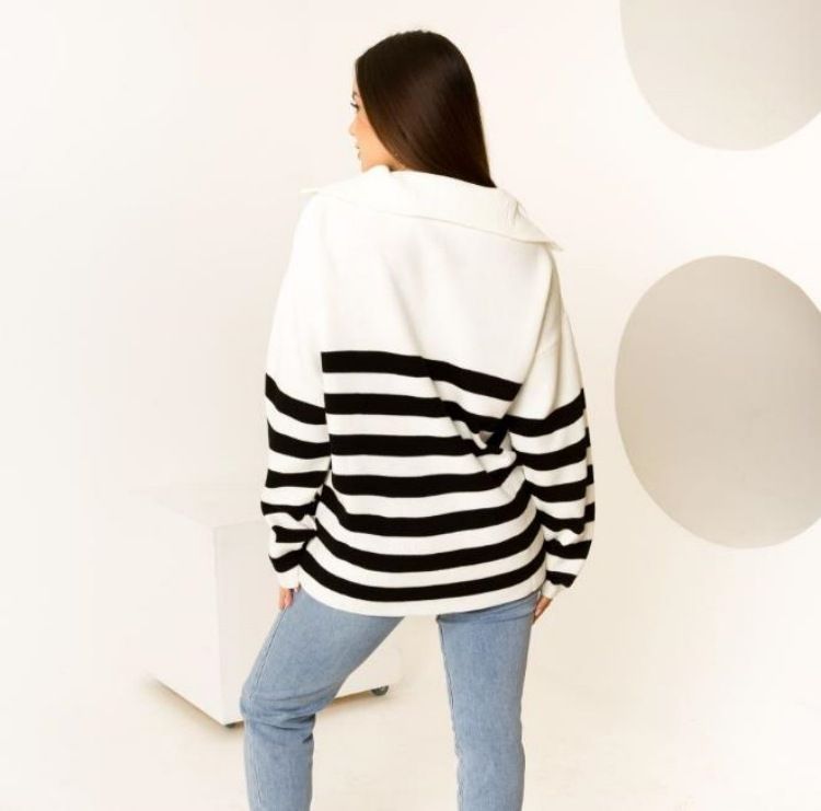 Half rits revers contrasterende kleur losse plus gestreepte gebreide trui jas brede streep_voghion.com