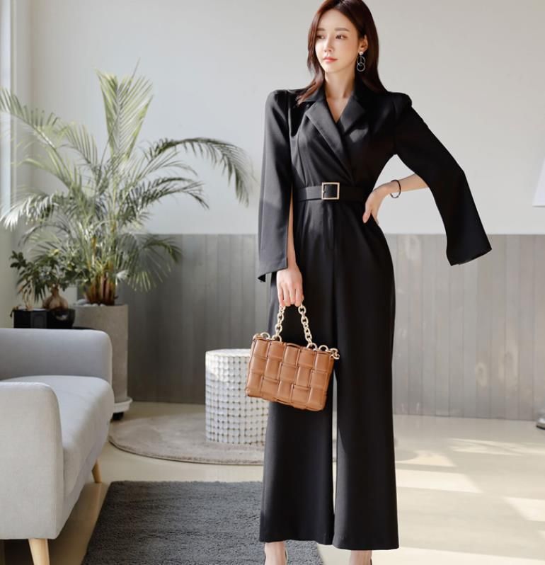 Ripped Sleeve Split Jumpsuit For Women 2023 Spring New Elegant Slim Fit Suit Collar Waist-Cinching Slimming Professional_voghion.com