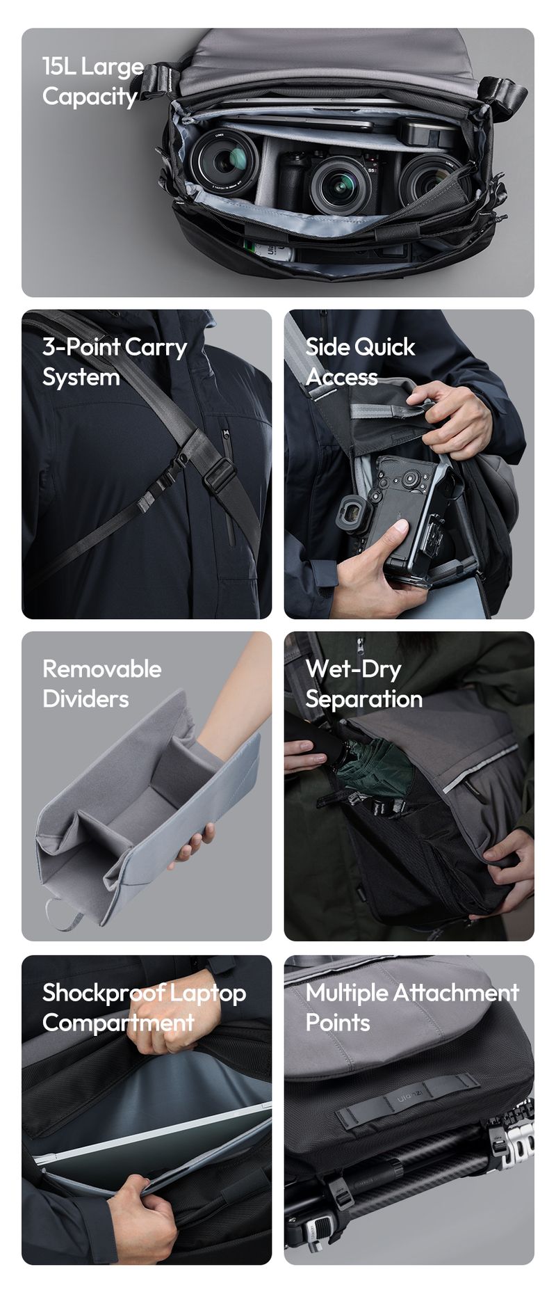 ulanzi TE88 Shoulder Crossbody Bag For Camera Tripod Tablet 3-Point Carry System 15L Capacity With Dividers_voghion.com