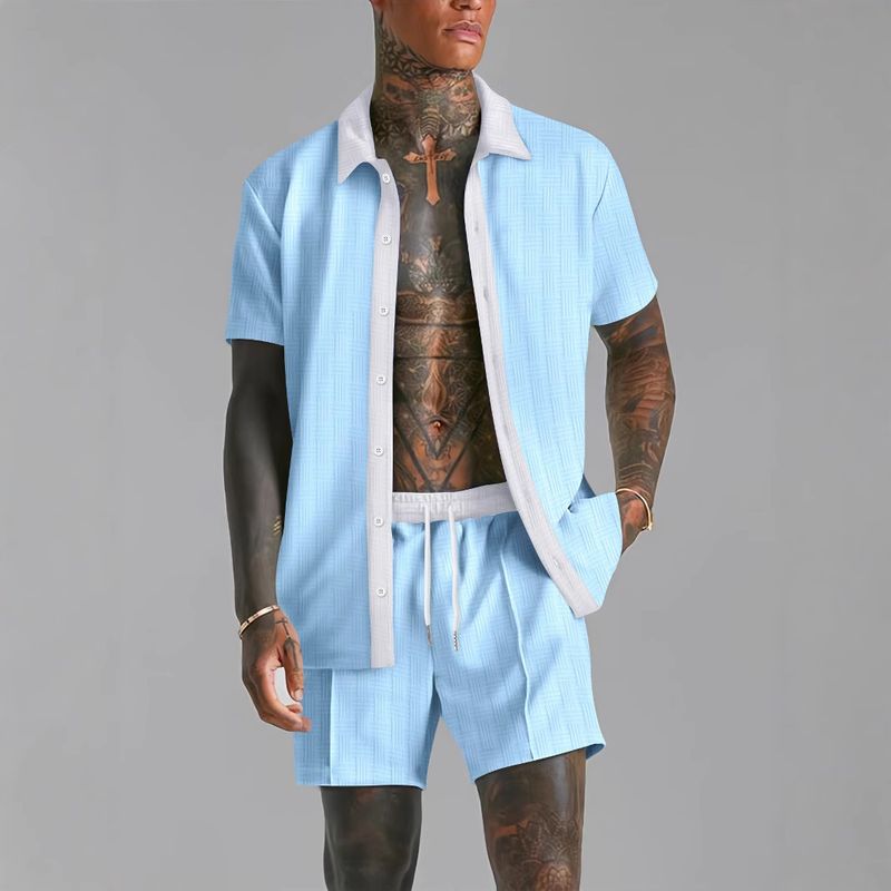 Men's Clothing Off Shelf Men's Casual Color Matching Short Sleeved Shirt Comfortable Shorts Two Piece Set_voghion.com