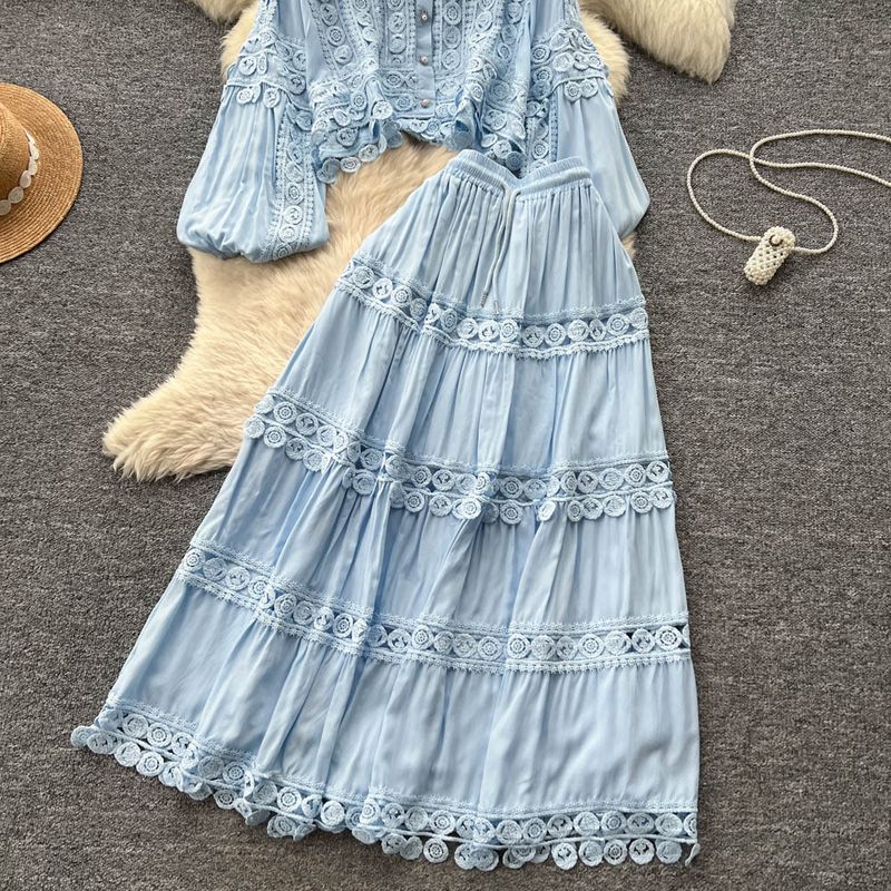 French Retro Heavy Hollow Lace Splicing Lantern Sleeve Short Shirt High Waist Big Swing Skirt Autumn Suit_voghion.com