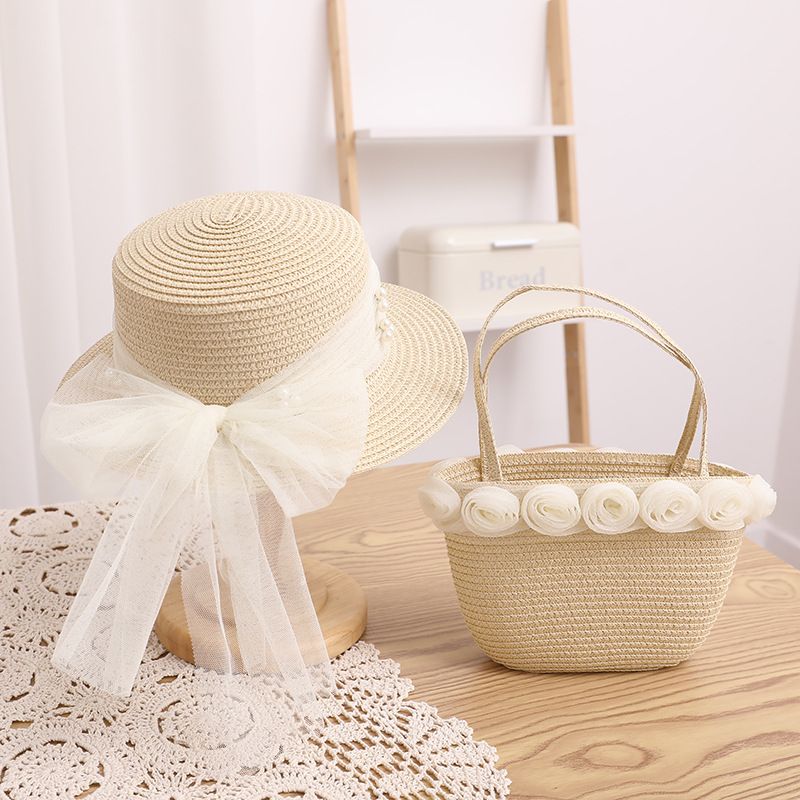 Kleine frische Kinderspitze Perlenband Strohtasche Sommer Neues Produkt Unsterblicher Qi Eltern-Kind-Sonnenschirm Big Eaf Flat_voghion.com