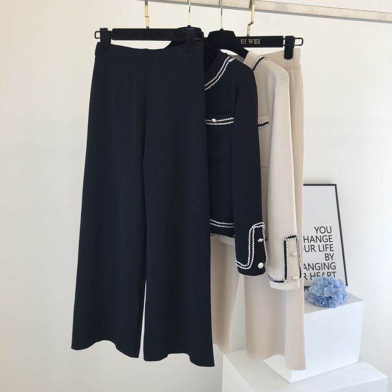 Kadın moda yuvarlak boyun örme hırka üst geniş bacak pantolon iki parçalı set_voghion.com