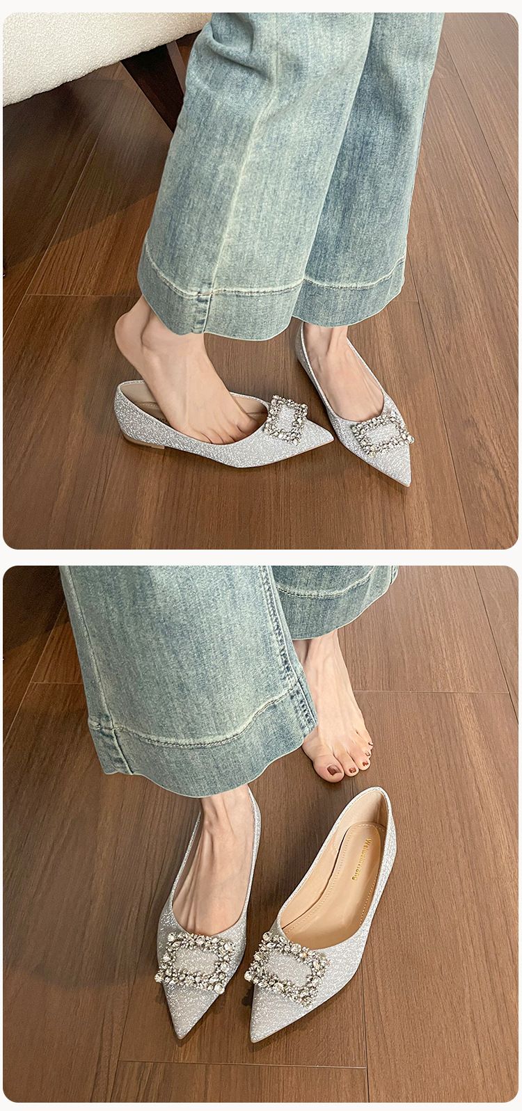 Scarpe da sposa francesi a punta singola da donna con tacco basso, strass, argento, scarpe basse per temperamento_voghion.com