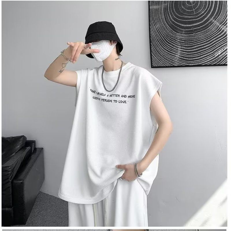 Men's Clothing Summer Waffle Trend New Large Size Men's Sportswear Suit Sleeveless Vest T Shirt Versatile Casual Two Piece Suit_voghion.com