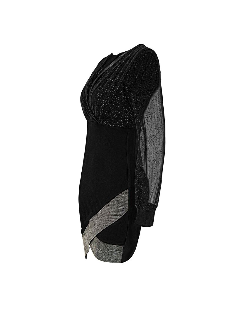 Elegante abito aderente a maniche lunghe con scollo a V in rete e paillettes per donna - Inserto trasparente sexy, vestibilità lusinghiera, versatile per l'ufficio e la sera_voghion.com