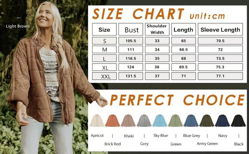 Giacca trapuntata da donna con collo alto - Piumino leggero in poliestere con bottoni sul davanti e tasche (arancione/grigio scuro/verde militare/12 colori) S-4XL_voghion.com