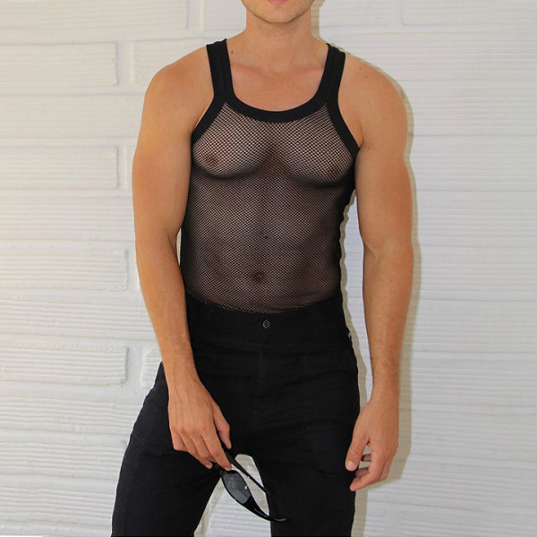 Large size tight fitting men's summer cool, breathable, sexy, muscular, and slimming mesh sleeveless vest_voghion.com