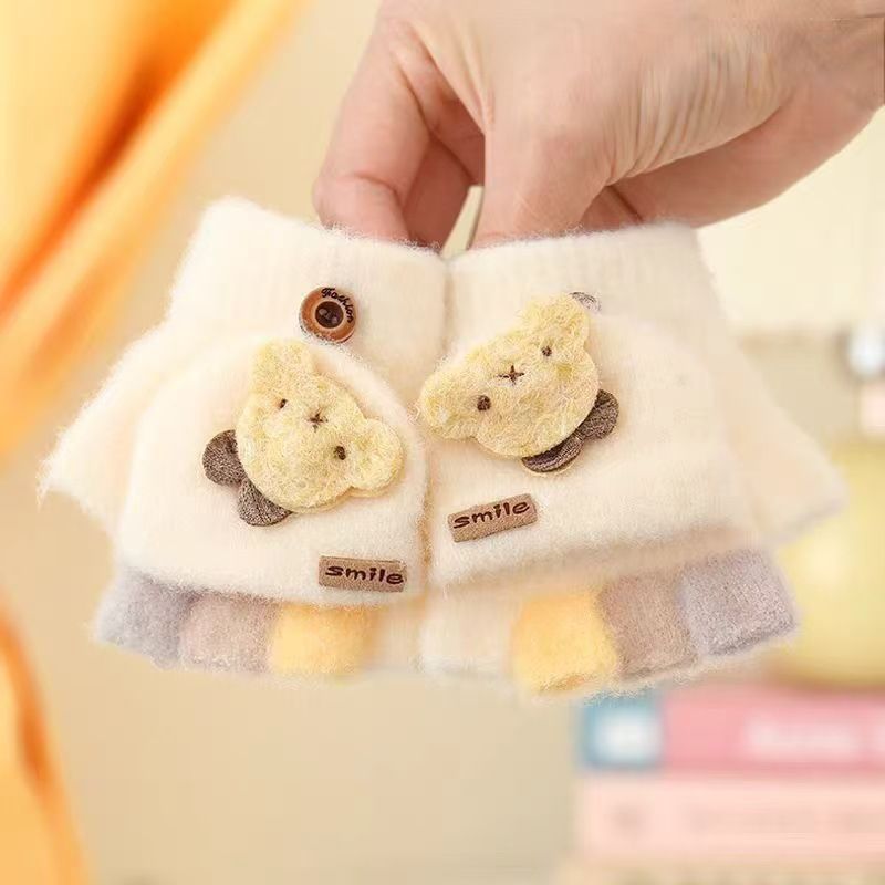 Thermohandschuhe für Kinder, Herbst/Winter 2025, Strickhandschuhe mit umklappbaren Fingern, Baby-Cartoon-Motiven_voghion.com