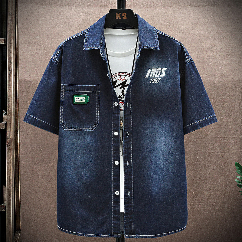 2024 Denim Kurzarmhemd Herren Sommer Neuware reine Baumwolle gewaschenes Hemd hübsches weit geschnittenes Top trendige Marke_voghion.com