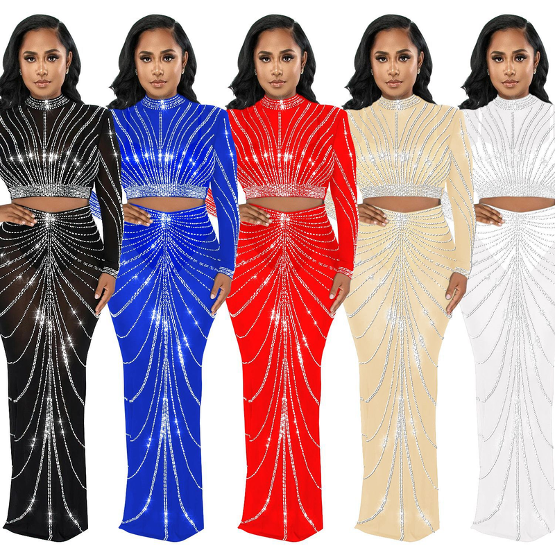 Kadın Giyim Mesh Mesh See Through Uzun Kollu Uzun Etek İki Parça Set_voghion.com