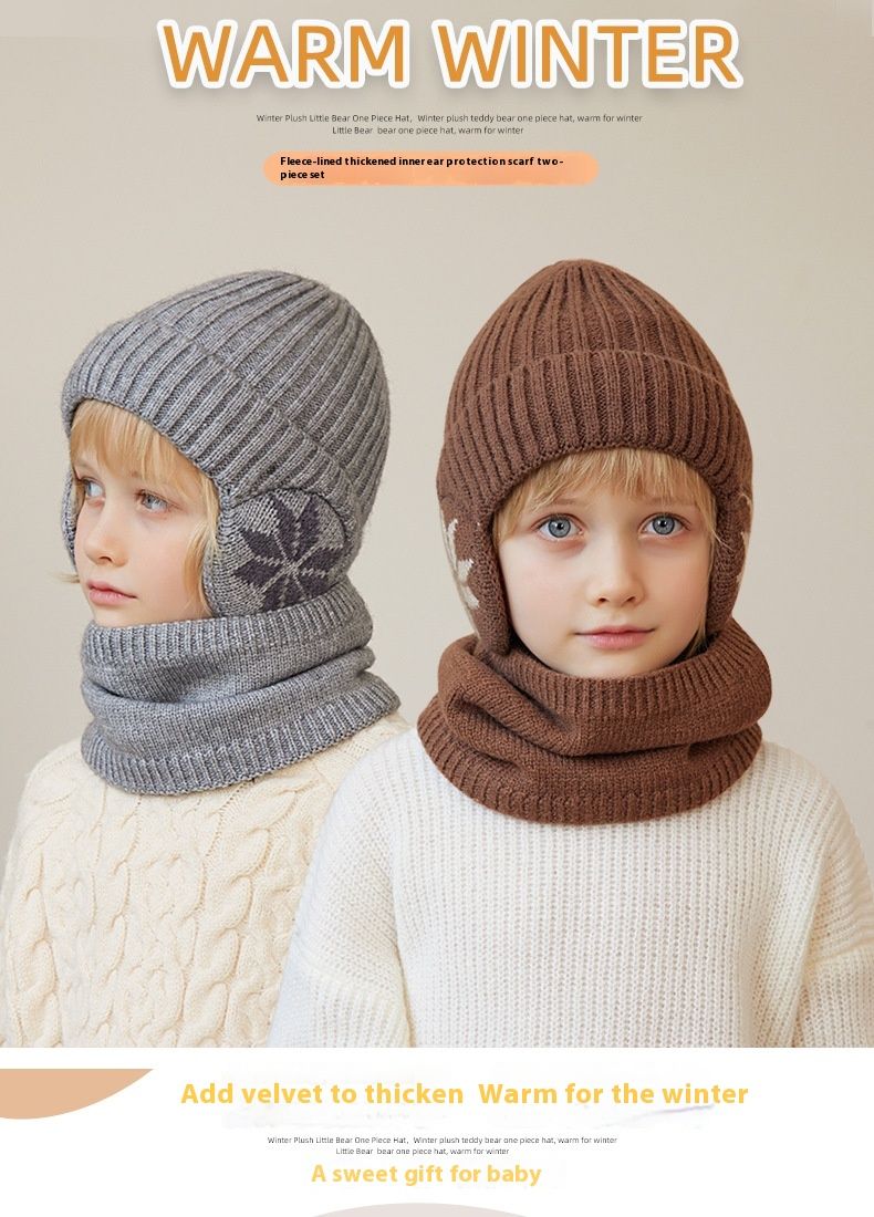 Children's Hat Winter Velvet Neck Set Knitted Wool Hat Men's and Girls' Warm Ear Protection Hoodie Head Cap_voghion.com