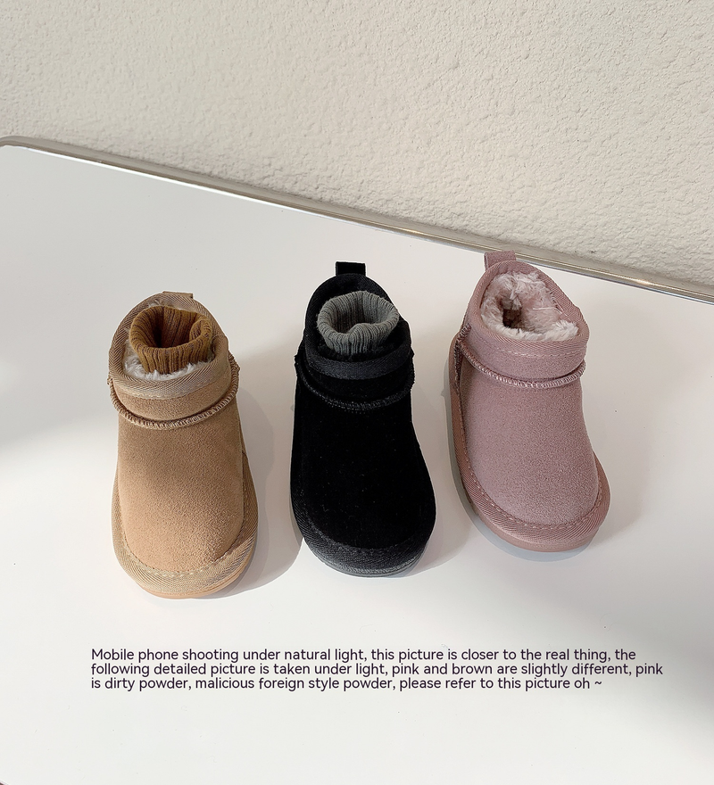 Bottes de neige en cuir véritable givré pour enfants, haut court, version coréenne, bottes en coton de couleur unie pour filles avec pieds amples,_voghion.com