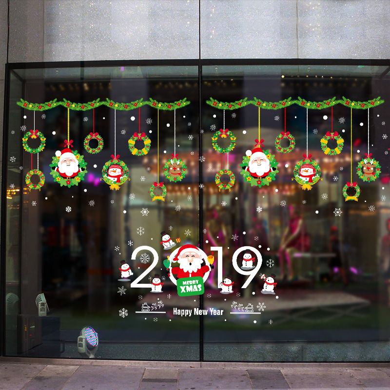 Set de vinilos navideños para pared: Papá Noel, copos de nieve y árboles de dibujos animados para decorar escaparates y tiendas (45 x 60 cm, PVC, 9 diseños)_voghion.com