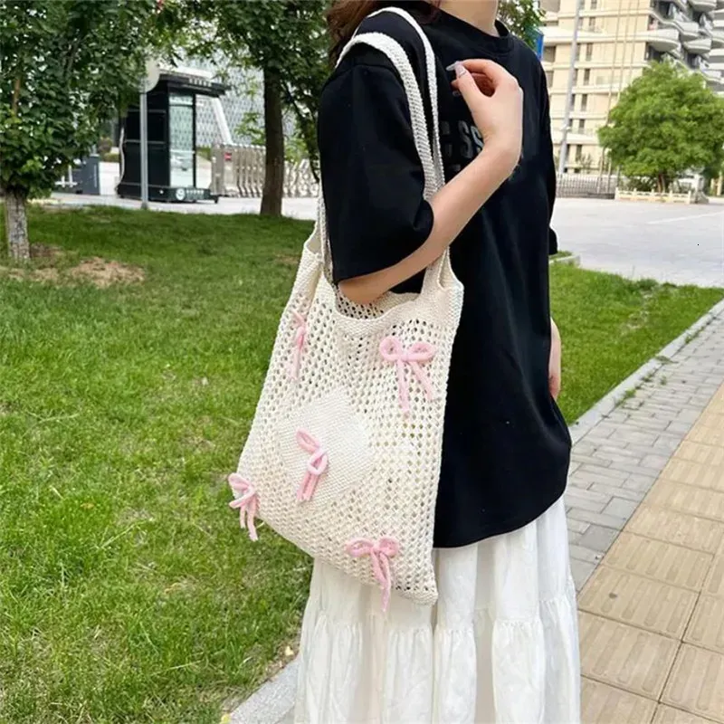 Preppy Style Crochet Tote With Butterfly Accents Solid Color Polyester Shoulder Foldable Fashion Beach Bag 250402_voghion.com