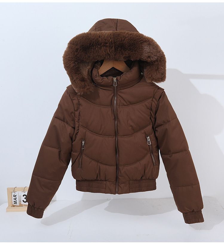 Doudoune courte convertible à manches amovibles et capuche en fausse fourrure pour femme - Manteau d'hiver taille haute doublé polaire épaisse_voghion.com
