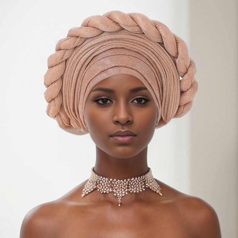 Muslimischer Hut, dickes, pudriges, laminiertes Wimpernband und passende Zöpfe, AutoGele, Hochzeitsgesellschaft, afrikanischer Duttkopf_voghion.com