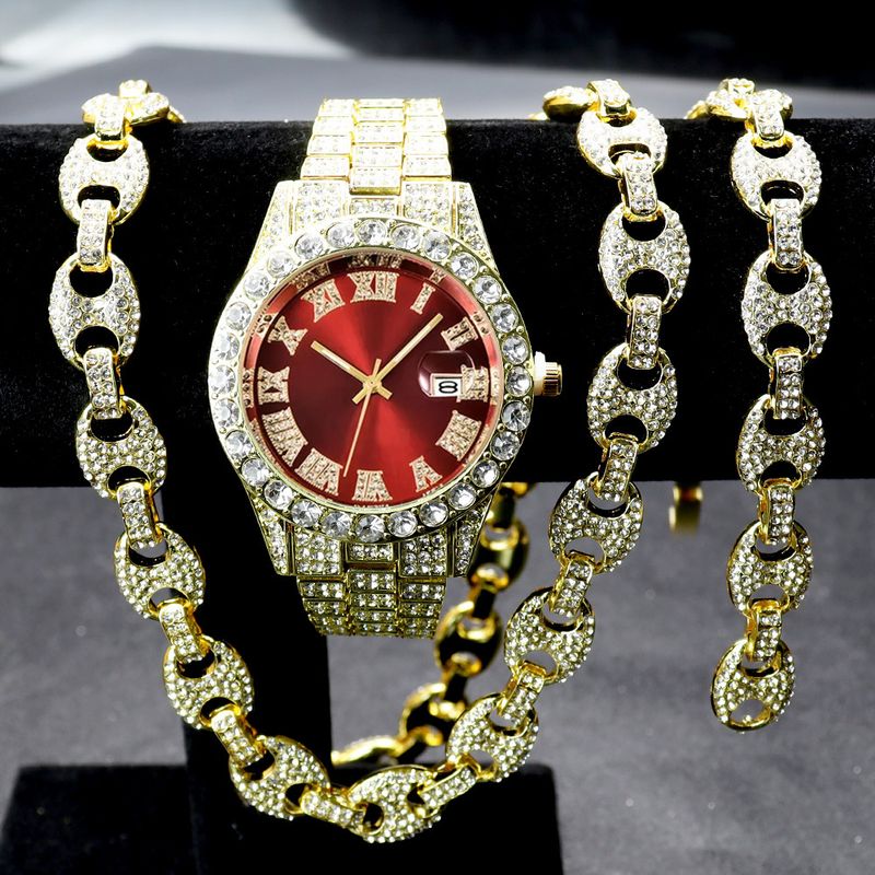 Full Diamond Hip Hop Watch Character Cuban Bracelet Necklace Set Roman Scale Calendar Quartz Watch_voghion.com