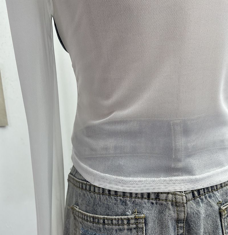 Damenbekleidung Mädchen Design Mesh Splicing Denim Top Langarm Bottoming Shirt Schlankes kurzes Nischen-T-Shirt_voghion.com
