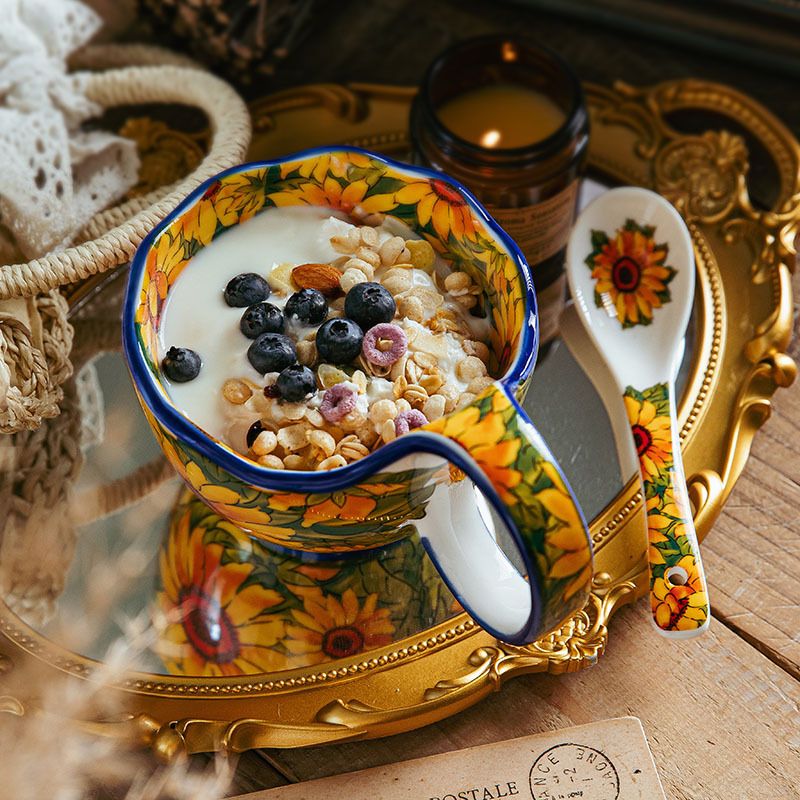 Sunflower-Themed Enamel Coffee Mug & Spoon Set - Vintage European-Style Tableware - 2-Piece Floral Cup Set - Handcrafted Ceramic-Like Finish_voghion.com