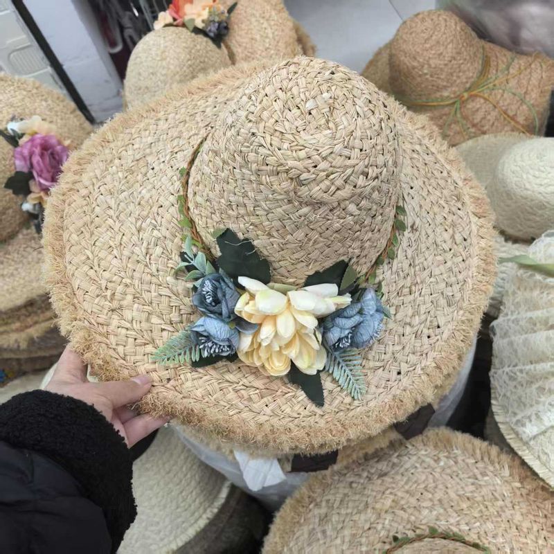 raffia Woven Women's Summer French Style Floral Beach Vacation Wide Brim Sun Hat_voghion.com