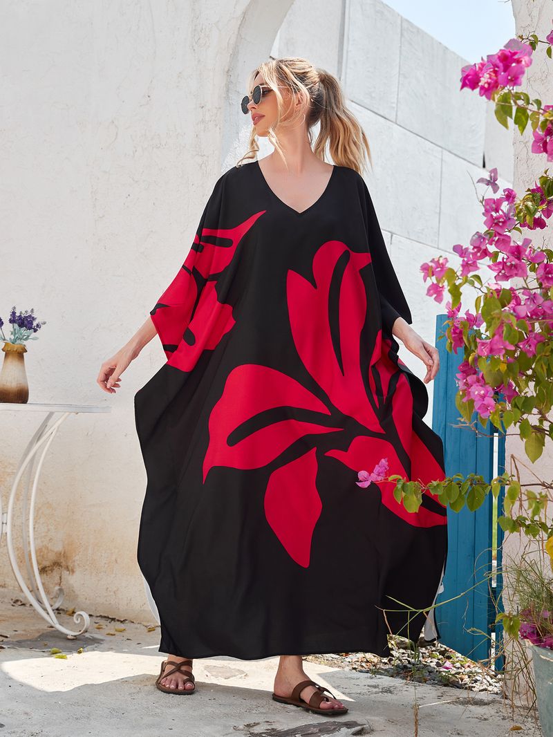 Überwurfkleid mit Fledermausärmeln im Bohemian-Print – Leichter Strandkimono für Damen, Bikini-Wickeltuch, Urlaubstunika in Übergröße, schnelltrocknendes Polyester_voghion.com