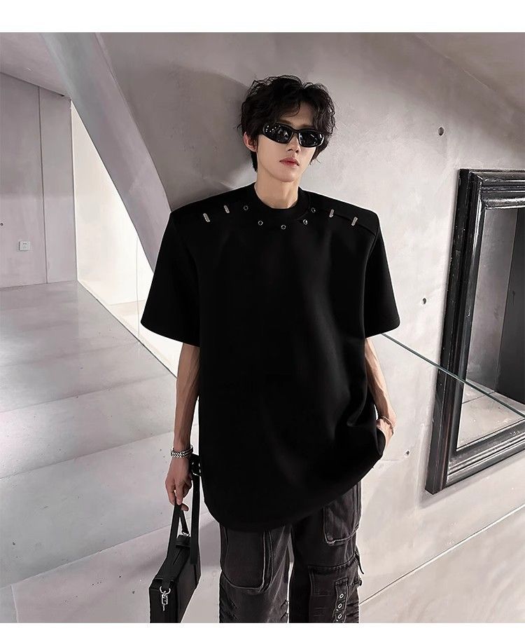American High Street Short T-Shirt For Men Summer Trendy Loose Fit High-End Feel Padded Shoulder Versatile Five-Quarter_voghion.com