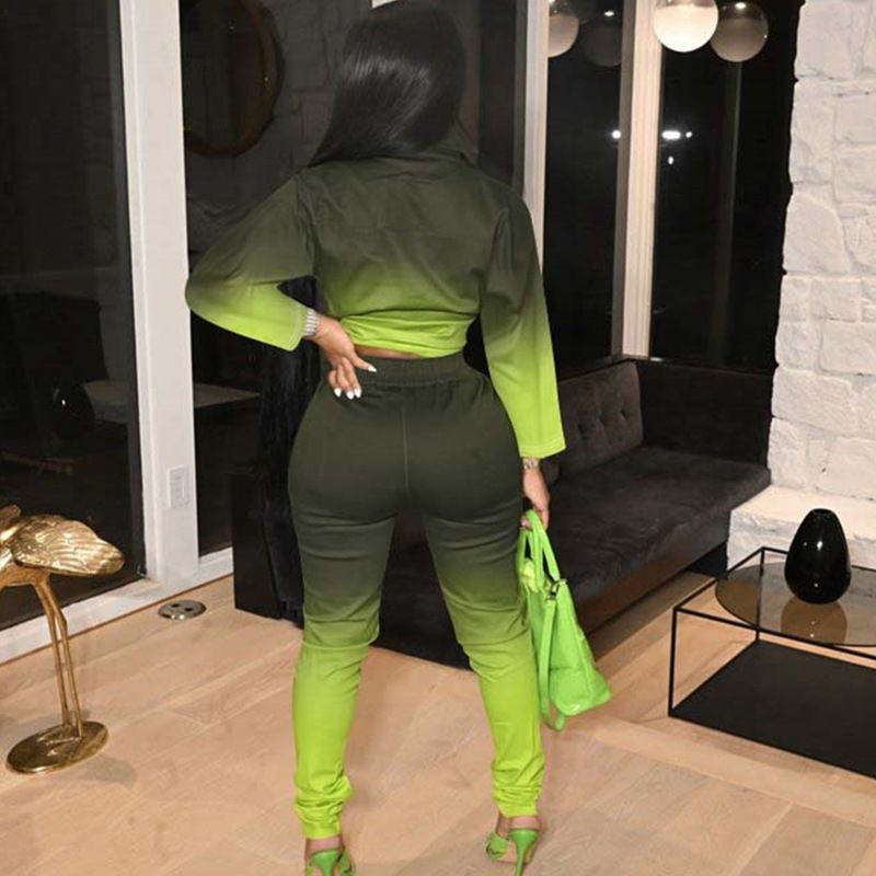 Damen Frühling Neue Mode Farbverlauf Casual Top Und Hose Zweiteiliges Set_voghion.com