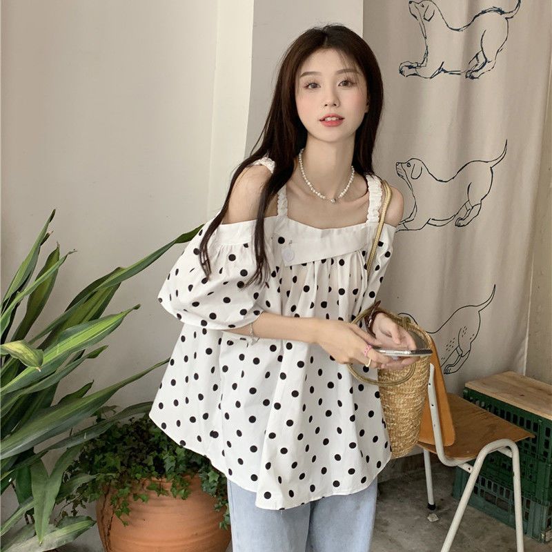Blusa francese Saghetti Stra dolce per donna 2023, nuova nicchia, unica, versatile, patchwork a pois con spalle scoperte_voghion.com