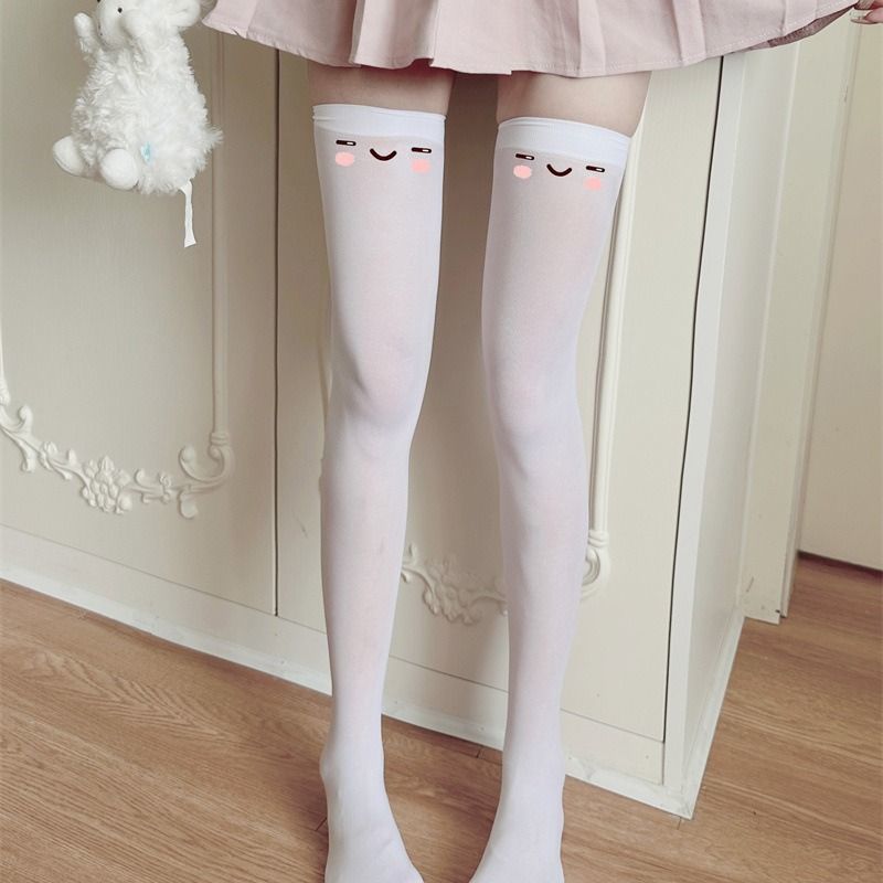 Black Cute Girl Lovely Printed Expression Over-the-Knee JK Long Tube Pure Desire White Silk Emoji Thigh Socks Thin_voghion.com