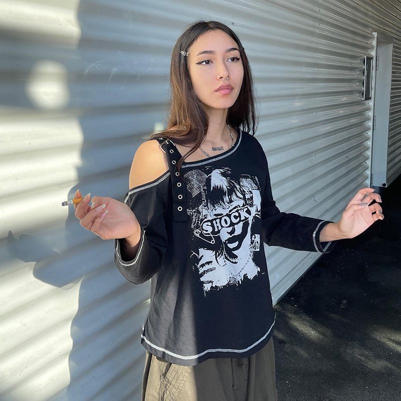 M22TP5482024 Haut imprimé Ceinture Boucle Sangle Épaule diagonale Un seul côté Manches 7/4 Vêtements pour femmes_voghion.com