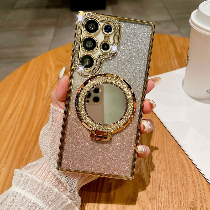 Phone Case & Covers Suitable For Samsung S25ultra Mobile Phone Case Glitter Mirror Magnetic Bracket S23 Electroplated Rhinestone Protective Cover S22+_voghion.com