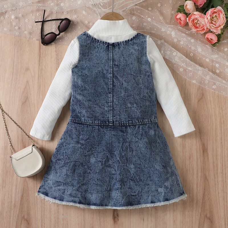 Otroška oblačila za mame in otroke, deklice, enobarvna majica z visokim ovratnikom in dolgimi rokavi, jeans, odprt žep, naguban krznen brada, srednje dolga krila_voghion.com
