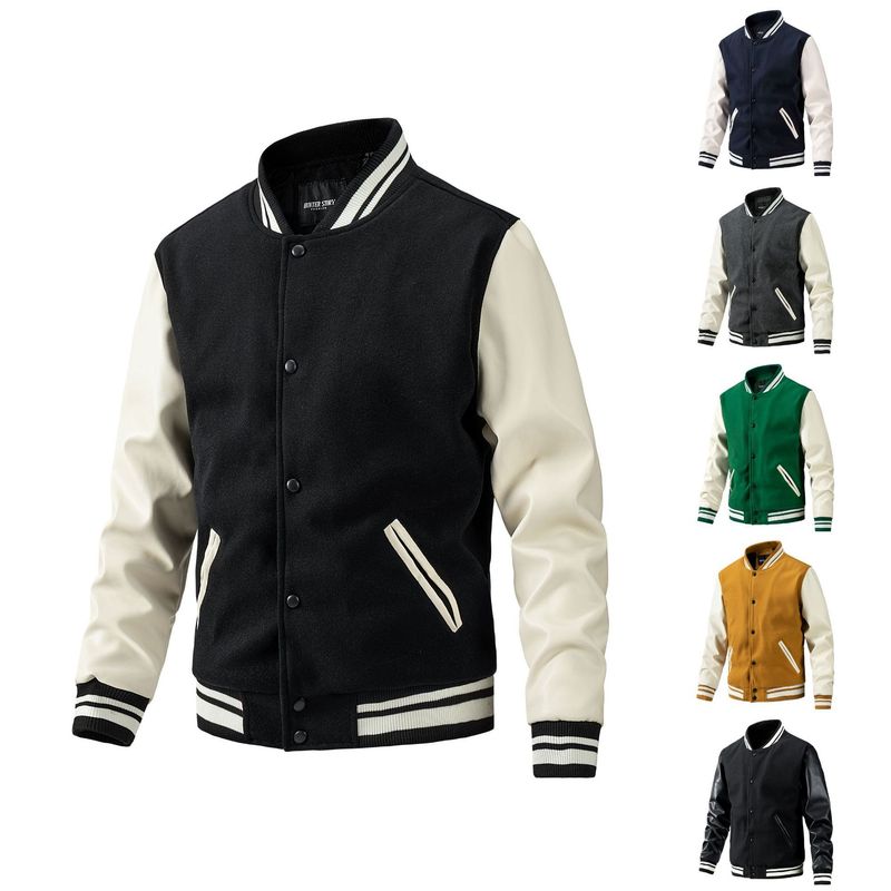 Herbst Winter Mode im amerikanischen Stil Baseballjacke Wolle PU Ärmel Mantel Casual Herrenbekleidung_voghion.com