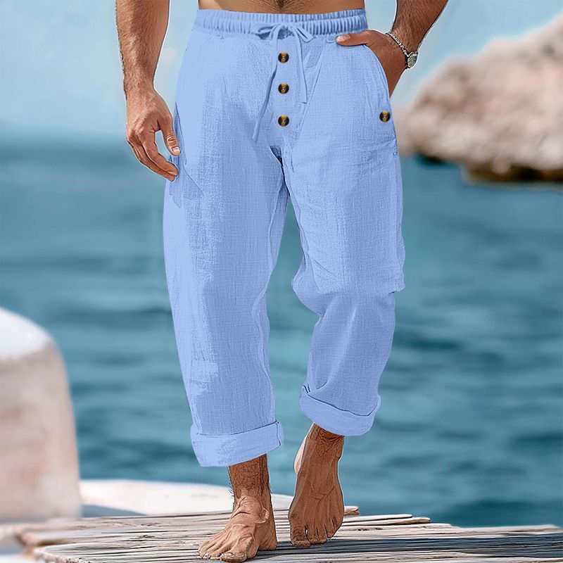 Pantaloni da spiaggia primaverili e autunnali da uomo, in cotone e lino, tinta unita, larghi, con coulisse e bottoni, casual, da uomo_voghion.com