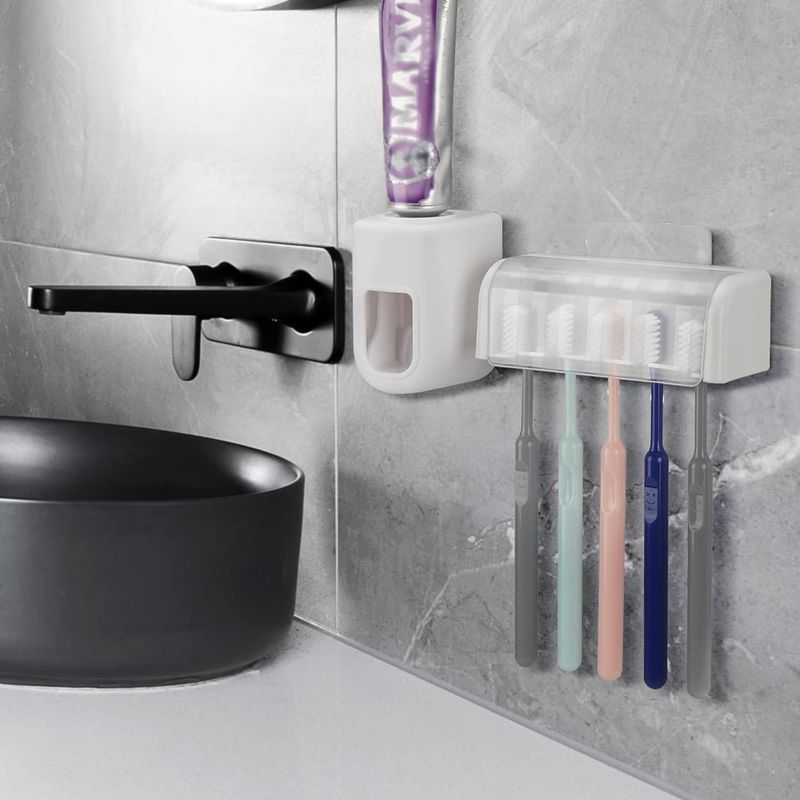 5-Slot Automatic Toothpaste Toothbrush Holder - Self-Adhesive Shower Organizer_voghion.com