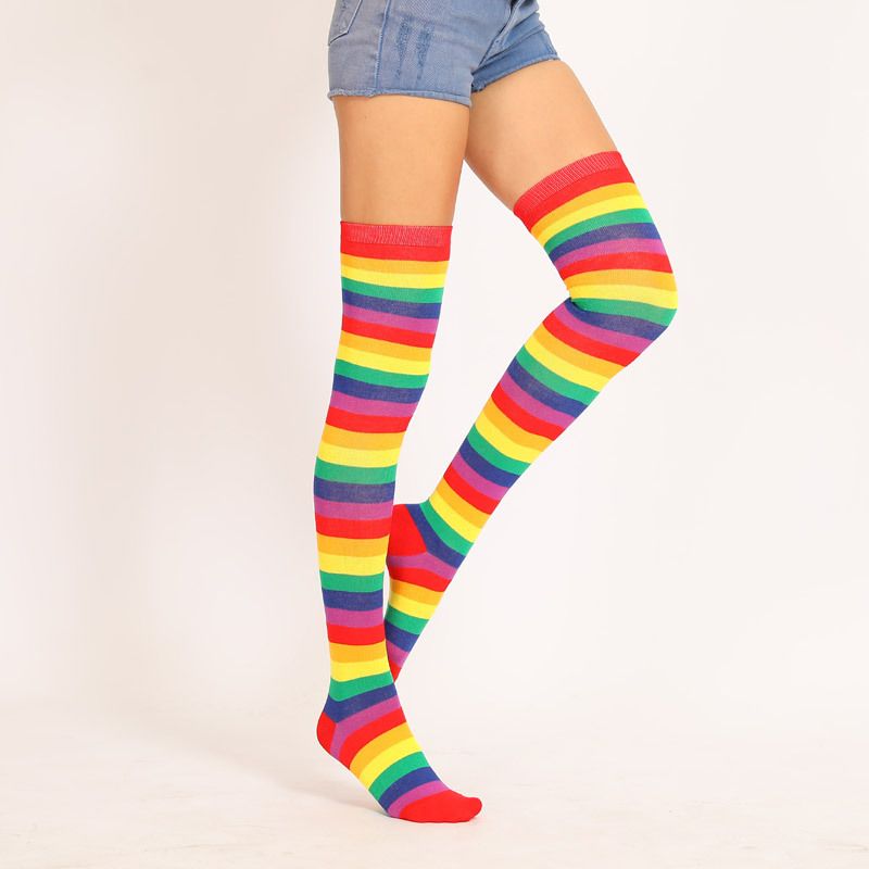 Red Colorful Rainbow Striped Over-the-Knee Socks Extra Long Style_voghion.com