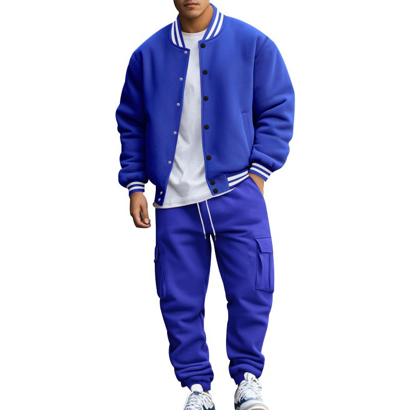 Autumn Winter American Style Stand Collar Baseball Jacket With Fleece Lined Pants Loose Fit Men's Sports Suit_voghion.com
