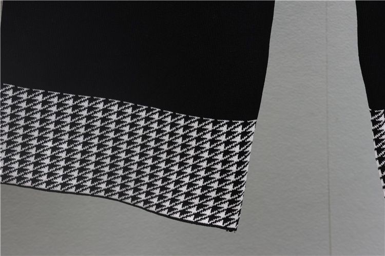 Dameklær houndstooth jacquardstrikket cardigan med V-hals, bukser med brede ben, todelt dress, aldersreduserende temperamentsdrakt_voghion.com