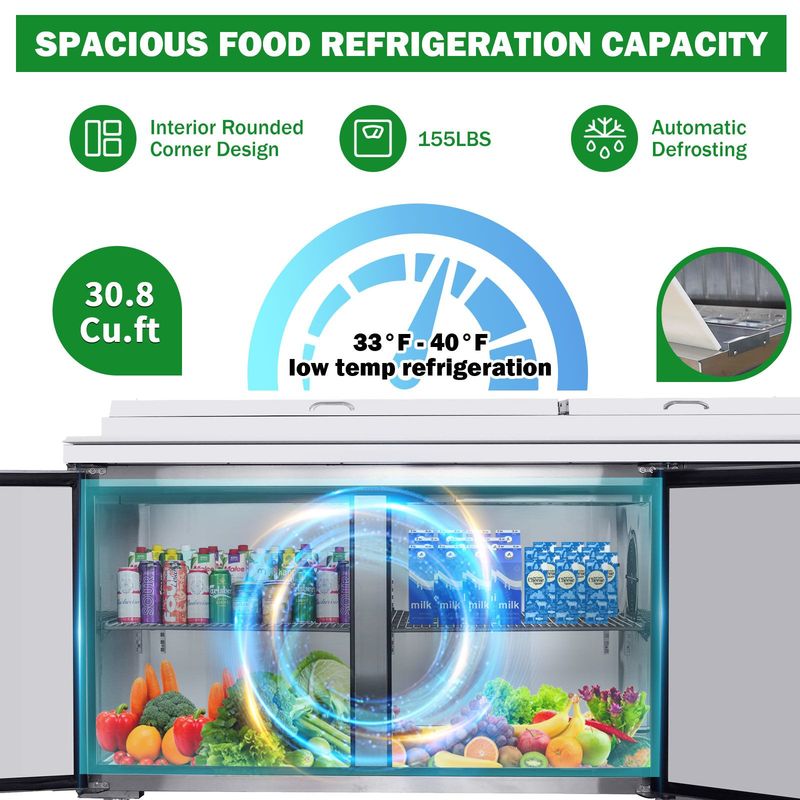 Orikool 93 IN Commercial Pizza Prep Table With A Built-in Refrigerator 30.8 Cu.Ft, Butcher Block Cutting Board, Protection Lid, Cold Storage, And Smooth-Rolling Casters, ETL Certified_voghion.com