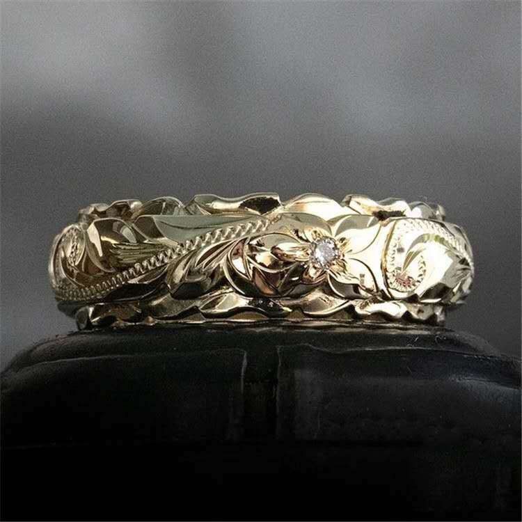 Anello con coda a forma di fiore di rosa inciso, nuovo e semplice, di Longhe_voghion.com