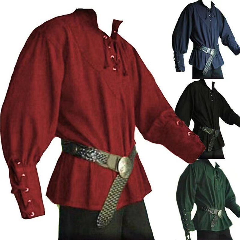 Unbeatable Quality Medieval Clothing For Men, Loose Fitting Men's Polo Shirts With Ties, Performance Costumes_voghion.com
