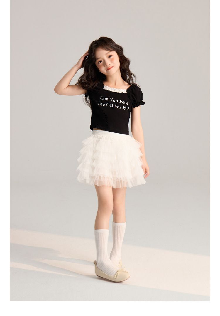 Ropa para niños Verano Nuevo Simple Transpirable Letra Estampado Casual Encaje Mangas cortas_voghion.com
