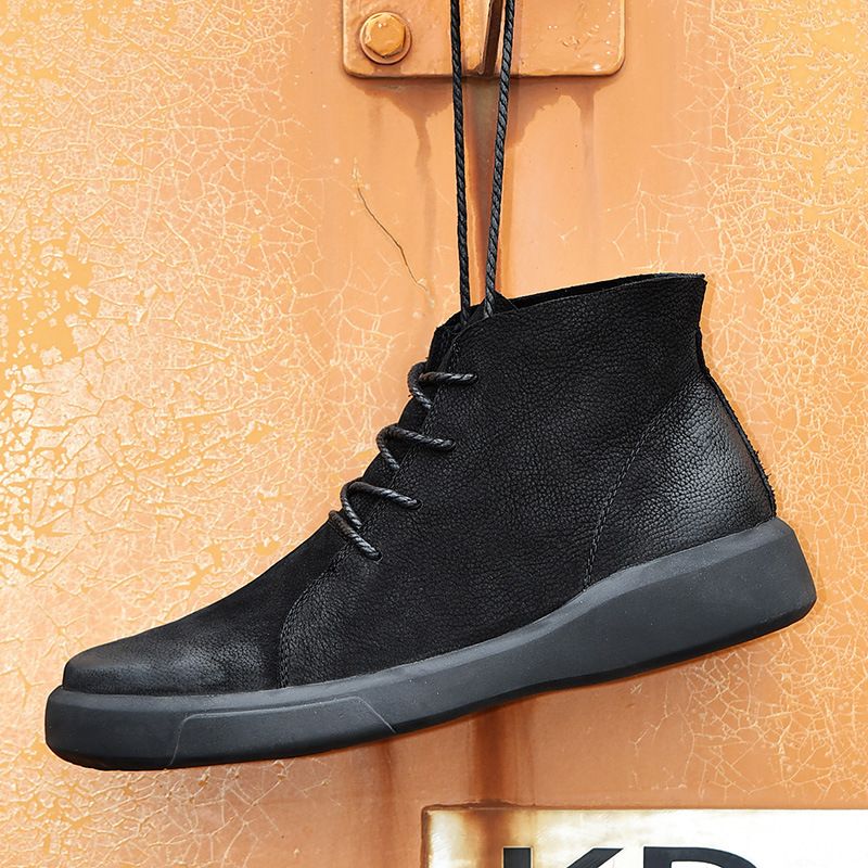 Autumn Winter Men's Cotton Short Boots High Top Color Polished Leather Large Size Fleece Lined Warm Outdoor Work Casual_voghion.com
