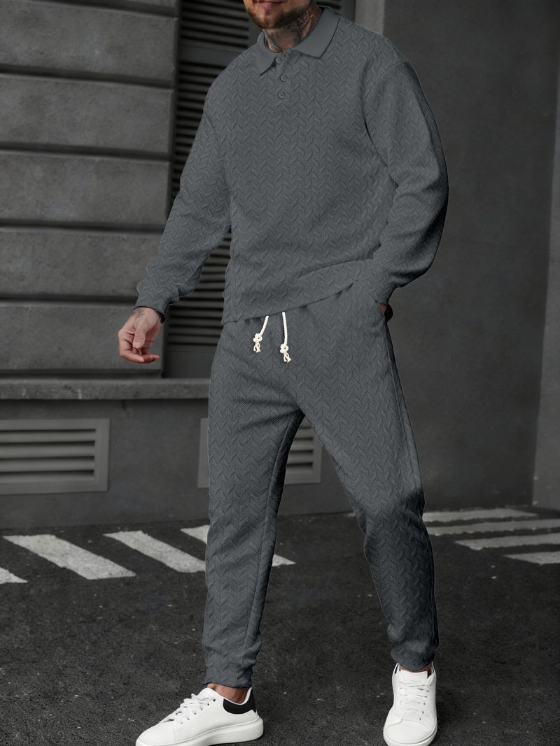 Completo polo e pantaloni a righe color grano da uomo – Completo sportivo a maniche lunghe per look casual e sportivi_voghion.com