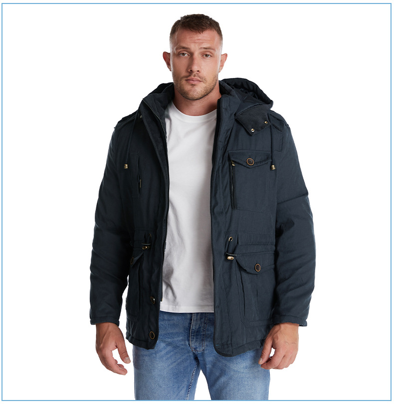 Men's Plus Size Shearling Hooded Cotton Jacket Thickened Multi-Pocket Cotton Top Casual Mid-Length Coat_voghion.com